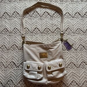 Vintage Coach Poppy Leather Swing Hobo Bag - Cream & Gold (Purple Interior)